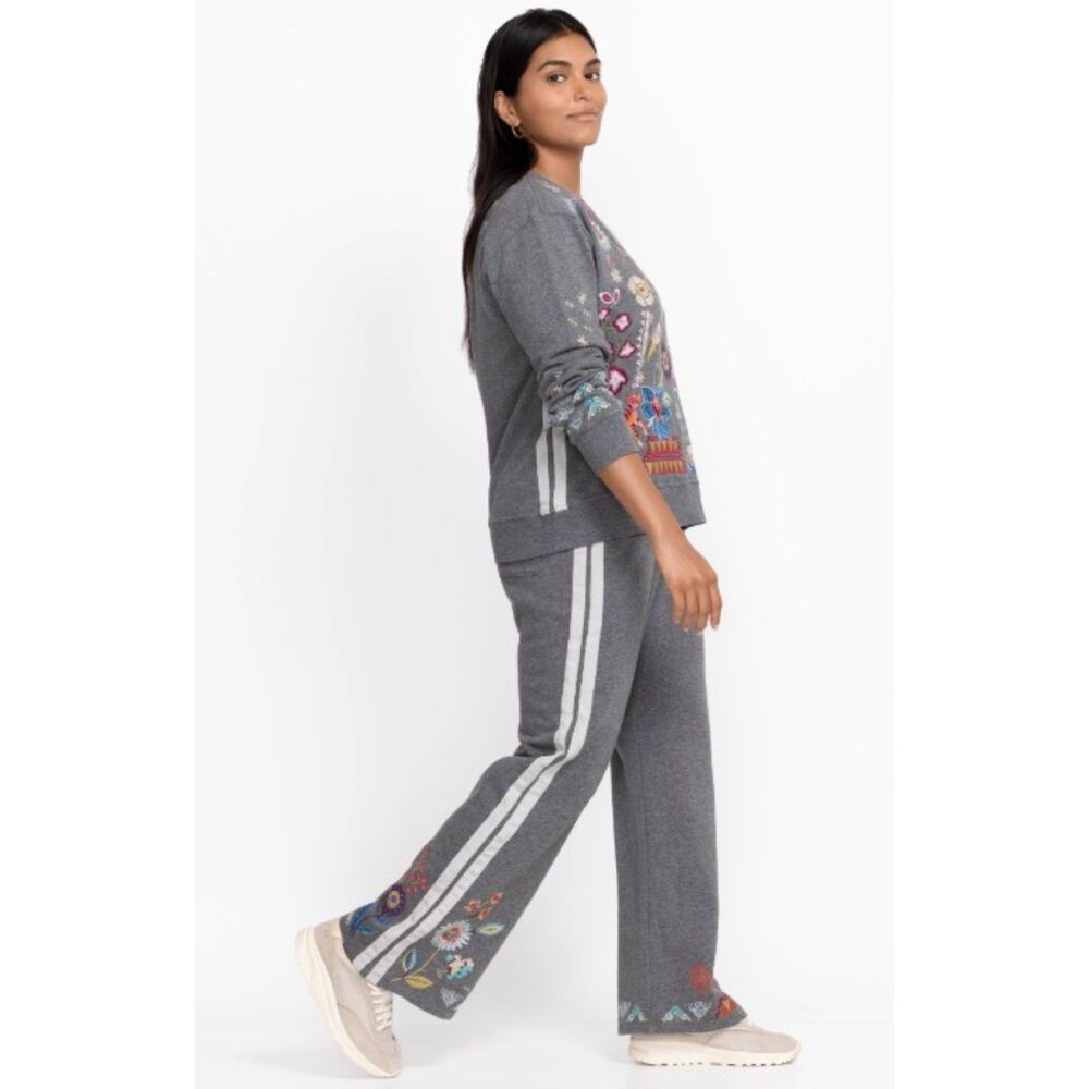 Johnny Was Griffin Wide Leg Ribbon Pant in Embroidered Grey Marled size Small